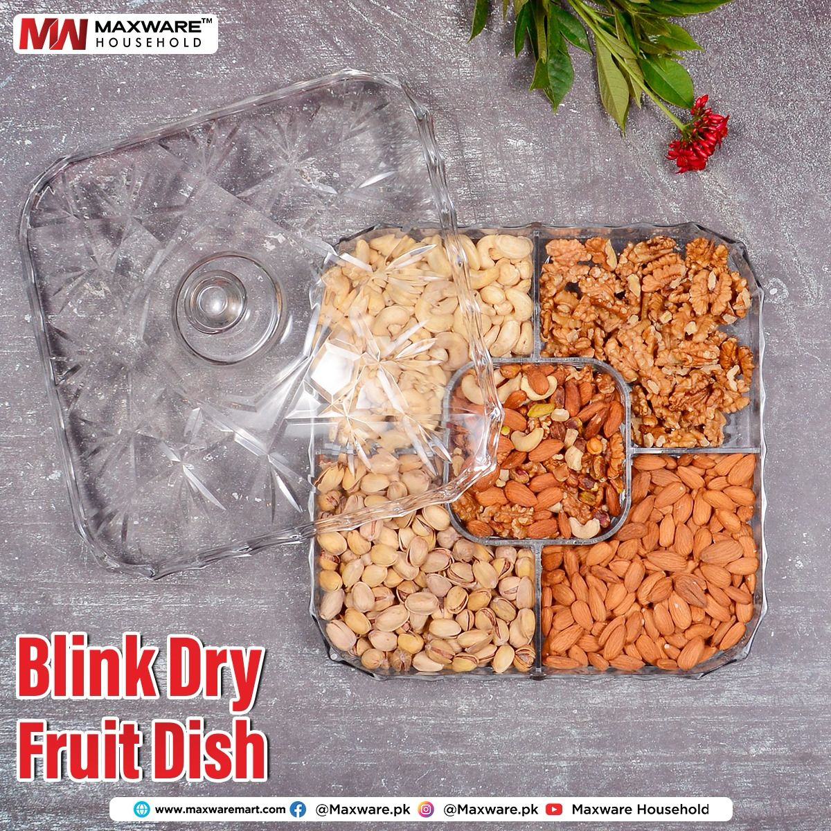 Blink Acrylic 5 Portions Dry Fruits Dish With Lid